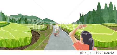 日本の夏の水田原風景手描き水彩風イラスト 107260642