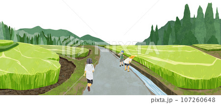 日本の夏の水田原風景手描き水彩風イラスト 日本の夏の水田原風景手描き水彩風イラスト 107260648