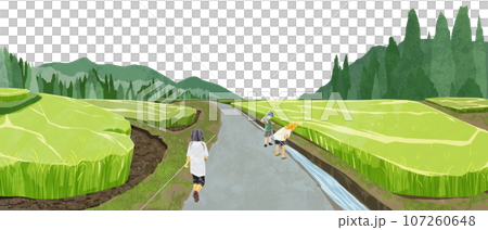 日本の夏の水田原風景手描き水彩風イラスト 日本の夏の水田原風景手描き水彩風イラスト 107260648