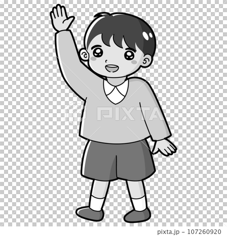 一個男孩舉手的插畫(黑白) 一個男孩舉手的插畫(黑白) 107260920