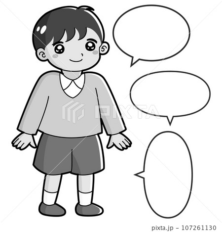 笑顔の男の子のイラスト（吹き出し付き）白黒 107261130