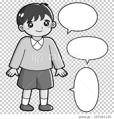 笑顔の男の子のイラスト（吹き出し付き）白黒 107261130