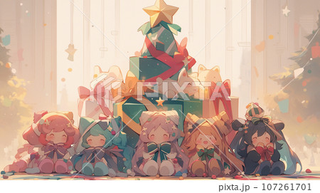 クリスマスツリーの前に並べられているクリスマスプレゼント