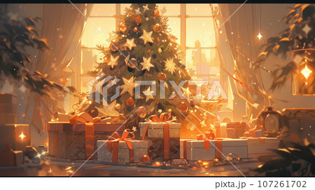 クリスマスツリーの前に並べられているクリスマスプレゼント