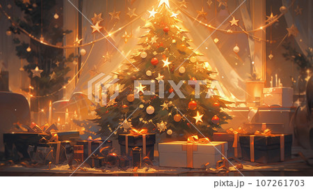 クリスマスツリーの前に並べられているクリスマスプレゼント