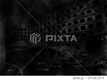 廃墟の街に立つ崩れたマンションのモノクロイラスト 廃墟の街に立つ崩れたマンションのモノクロイラスト 107261973