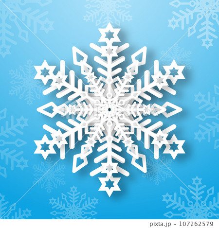 A white matte snowflake on a blue background. Paper snowflake with 3d effect Christmas decoration. 107262579