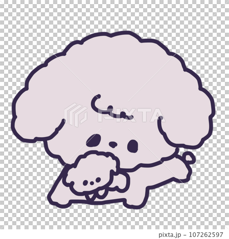 Illustration of a cute toy poodle mother dog holding a puppy in her mouth 107262597