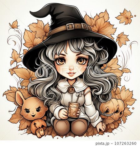 かわいい二頭身の魔女の挿絵：ハロウィン用