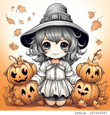 かわいい二頭身の魔女の挿絵：ハロウィン用