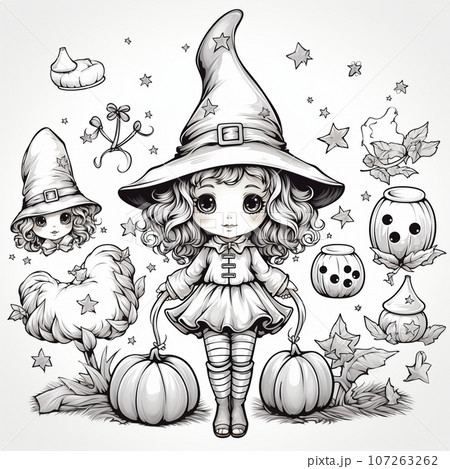 かわいい二頭身の魔女の挿絵：ハロウィン用