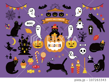 黒猫とハロウィンのイラスト素材のセット 107263343