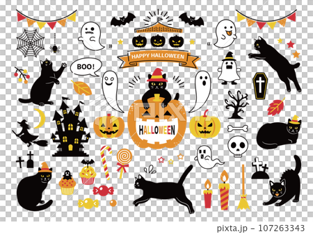 黒猫とハロウィンのイラスト素材のセット 107263343