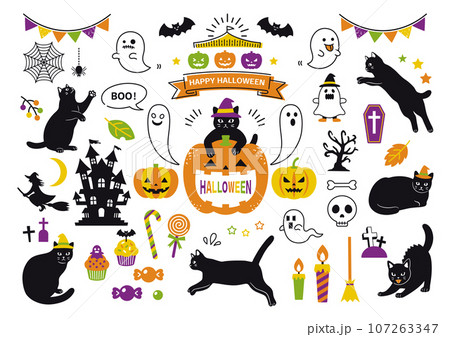 黒猫とハロウィンのイラスト素材のセット 107263347