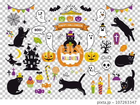 Set of black cat and Halloween illustration materials Set of black cat and Halloween illustration materials 107263347