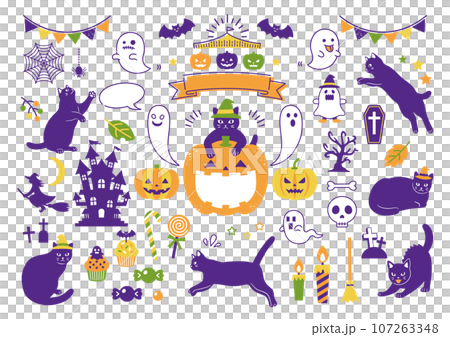 Set of black cat and Halloween illustration materials 107263348