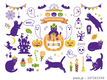 黒猫とハロウィンのイラスト素材のセット 107263349