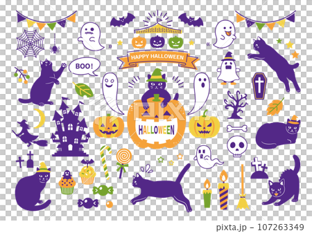 黒猫とハロウィンのイラスト素材のセット 107263349