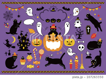 黒猫とハロウィンのイラスト素材のセット 107263350