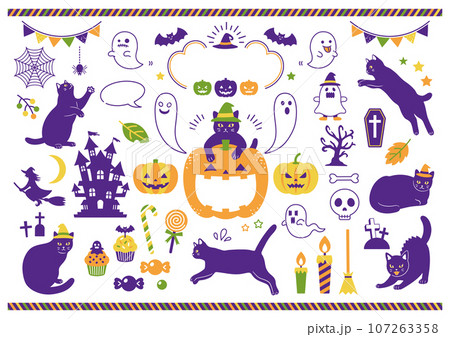 黒猫とハロウィンのイラスト素材のセット 黒猫とハロウィンのイラスト素材のセット 107263358