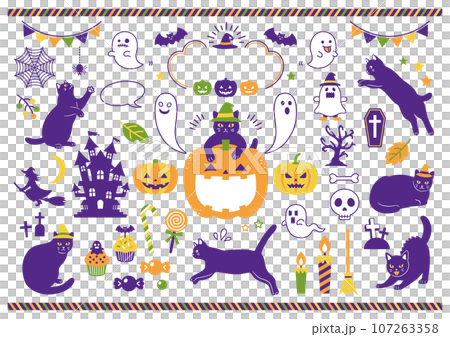 黒猫とハロウィンのイラスト素材のセット 黒猫とハロウィンのイラスト素材のセット 107263358