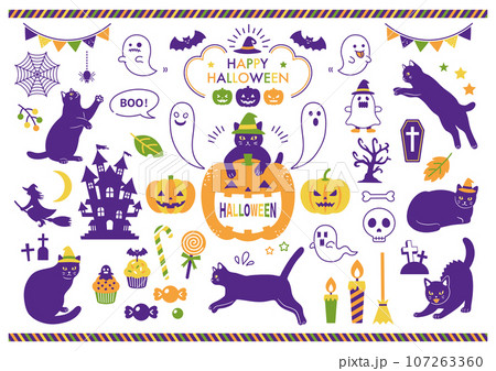 黒猫とハロウィンのイラスト素材のセット 107263360