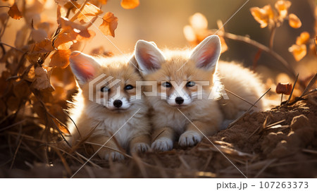 2 Fennec Fox, sitting under the fascinating light  107263373