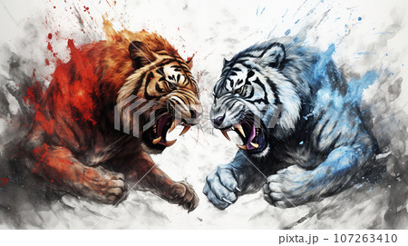 赤の炎と青の炎を纏ったライオンと白い虎の戦い 107263410