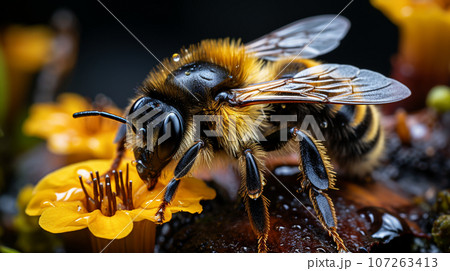 Bumblebile Macrooxidal photos are on a close flower  107263413