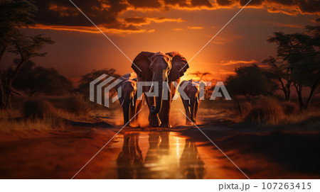 The elephant family walked under the sun as a background 107263415