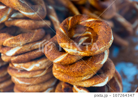 Round baked turkish bagel with sesame 107264347