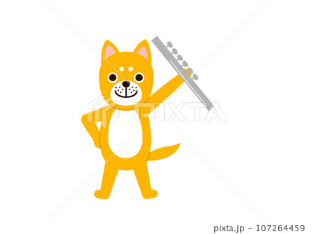 腰に手をあててフルートを高くかざして持っている犬 107264459