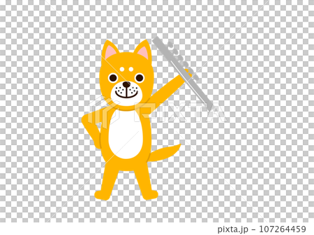 腰に手をあててフルートを高くかざして持っている犬 107264459