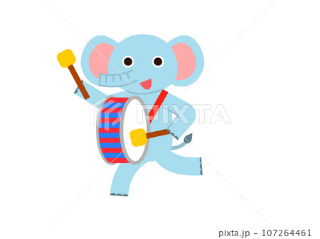 たいこを叩きながら歩いているゾウ 107264461