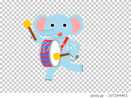 たいこを叩きながら歩いているゾウ 107264461