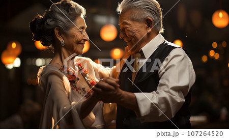 仲の良い老夫婦が社交ダンスを踊っている