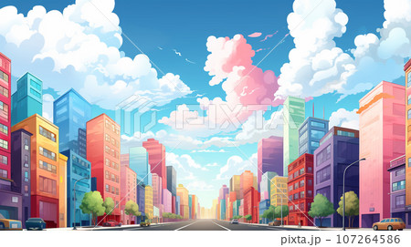 オフィスビル街のカラフルなポップアートなイメージ