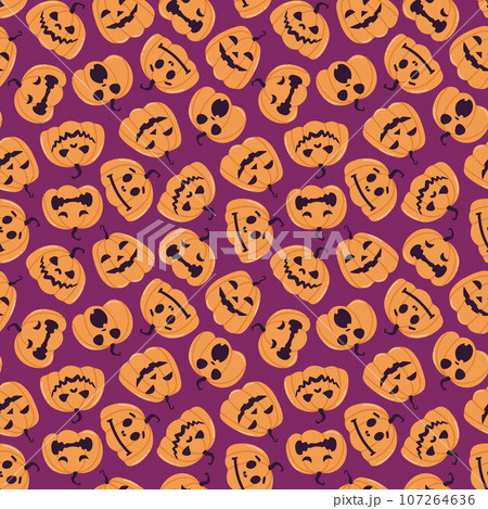 Seamless vector pattern with festive Halloween pumpkins. Jack orange lantern drawn with carved faces. For textile, wrapping paper, fabric design. 107264636