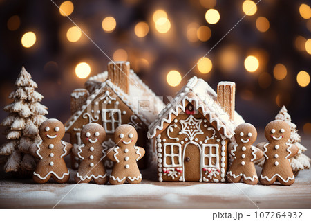 Close Up of many gingerbread christmas cookie on christmas dinner table. 107264932