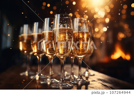Many glass of sparkling champagne with backdrop of celebration Many glass of sparkling champagne with backdrop of celebration 107264944