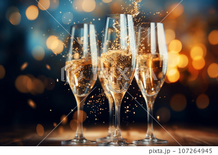 Many glass of sparkling champagne with backdrop of celebration Many glass of sparkling champagne with backdrop of celebration 107264945