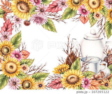 Watercolor autumn floral frame with tea composition Watercolor autumn floral frame with tea composition 107265122