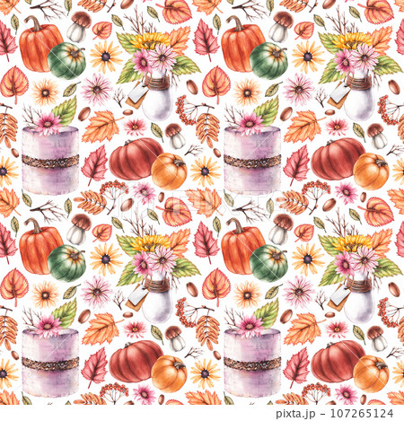 Watercolor autumn pattern with flowers, pumpkins, desserts on a white background 107265124