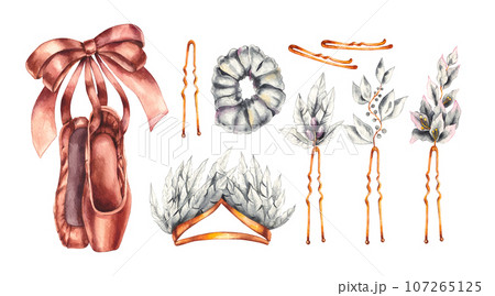 Watercolor ballet accessories Hand drawn hair accessories and pointe shoes 107265125