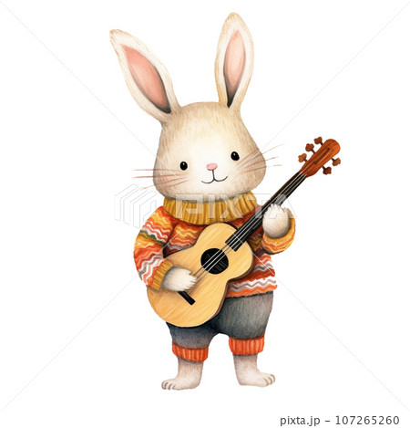 Cute Rabbit playing guitar,watercolor style,Autumn season.Created with Generative AI technology. 107265260