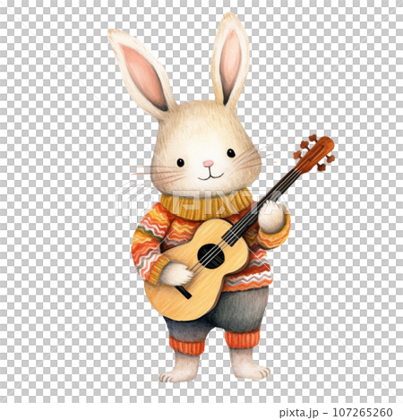 Cute Rabbit playing guitar,watercolor style,Autumn season.Created with Generative AI technology. 107265260