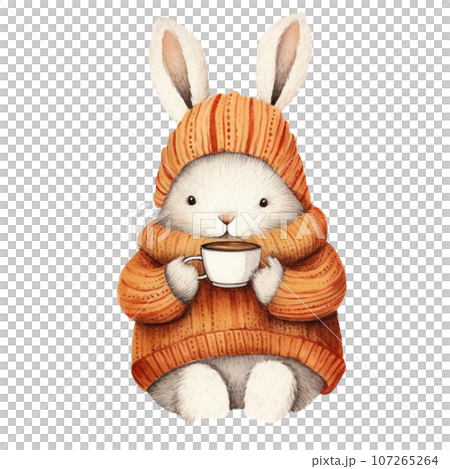 Cute Rabbit drinking tea,watercolor style,Autumn season.Created with Generative AI technology. 107265264