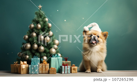 Cute dog wearing Santa Claus costume in christmas party .merry christmas concept.Created with Generative AI technology 107265296