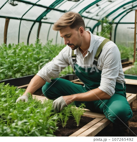 Caucasian man weeds in a garden or greenhouse Caucasian man weeds in a garden or greenhouse 107265492