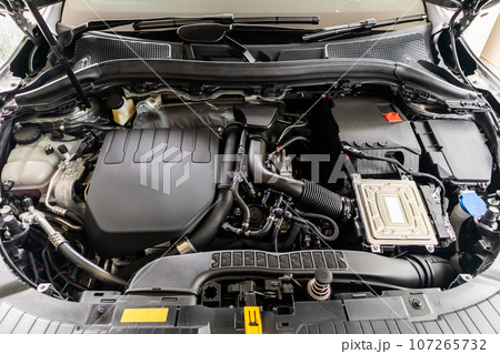 modern car engine under hood close up detail modern car engine under hood close up detail 107265732